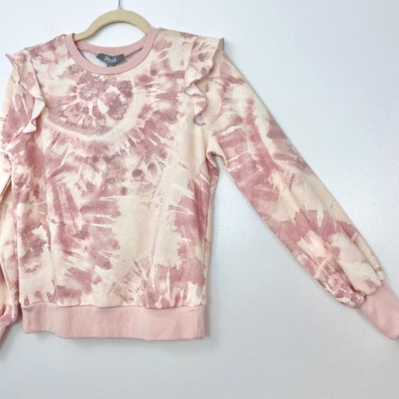 New Marled Tie Dye Ruffle Trim Long Sleeve Crewneck Sweatshirt Pink Size XS - Picture 9 of 16